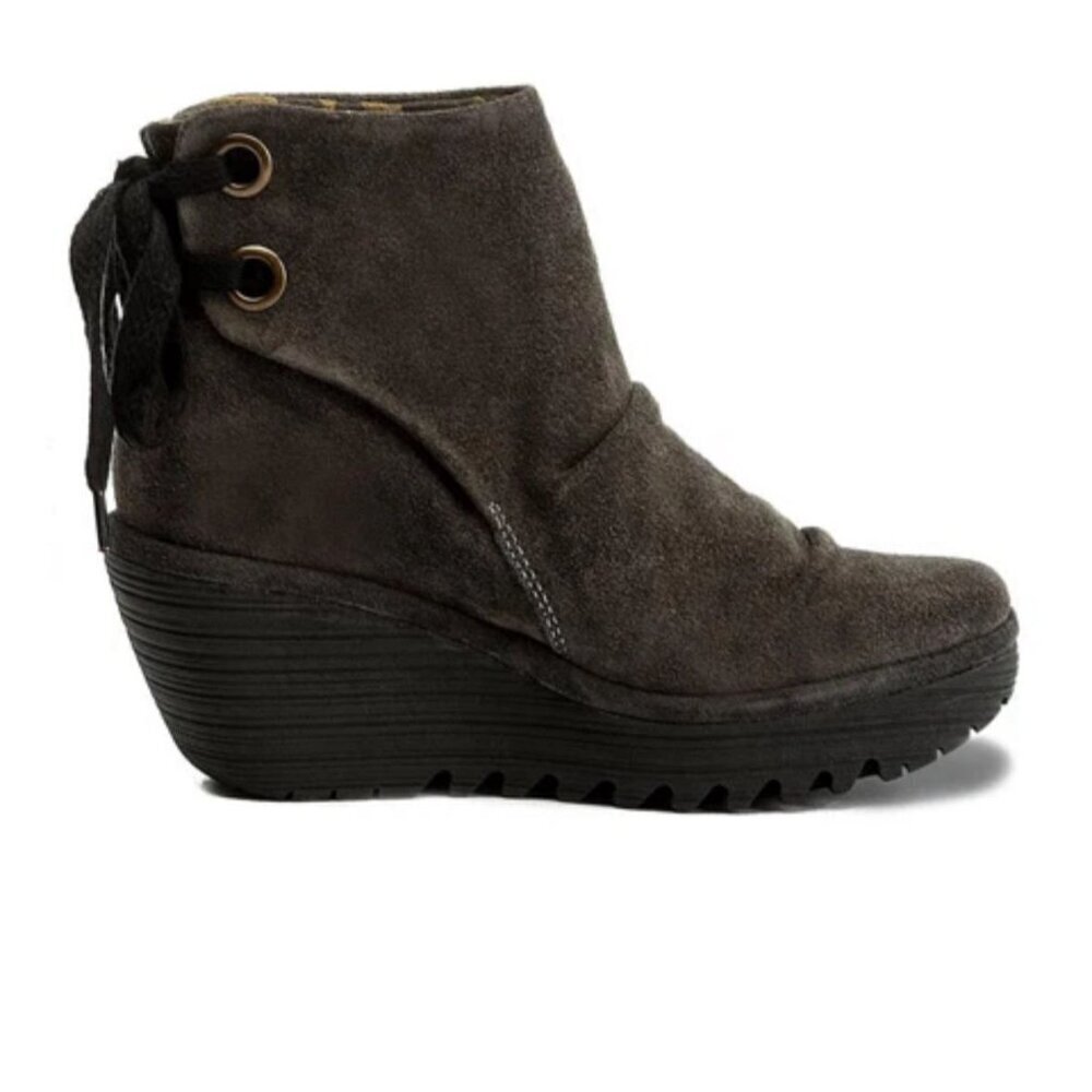 FLY London Yama Suede Ankle Wedge Boots Gray Size 40
